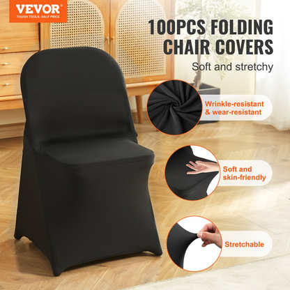 VEVOR Stretch Spandex Folding Chair Covers, Universal Fitted Chair Cover, Removable Washable Protective Slipcovers, for Wedding, Holiday, Banquet, Party, Celebration, Dining (100PCS Black)