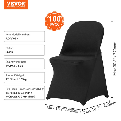 VEVOR Stretch Spandex Folding Chair Covers, Universal Fitted Chair Cover, Removable Washable Protective Slipcovers, for Wedding, Holiday, Banquet, Party, Celebration, Dining (100PCS Black)