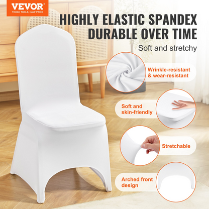 VEVOR Stretch Spandex Folding Chair Covers, Universal Fitted Arched Front Cover, Removable Washable Protective Slipcovers, for Wedding, Holiday, Banquet, Party, Celebration, Dining (100PCS White)