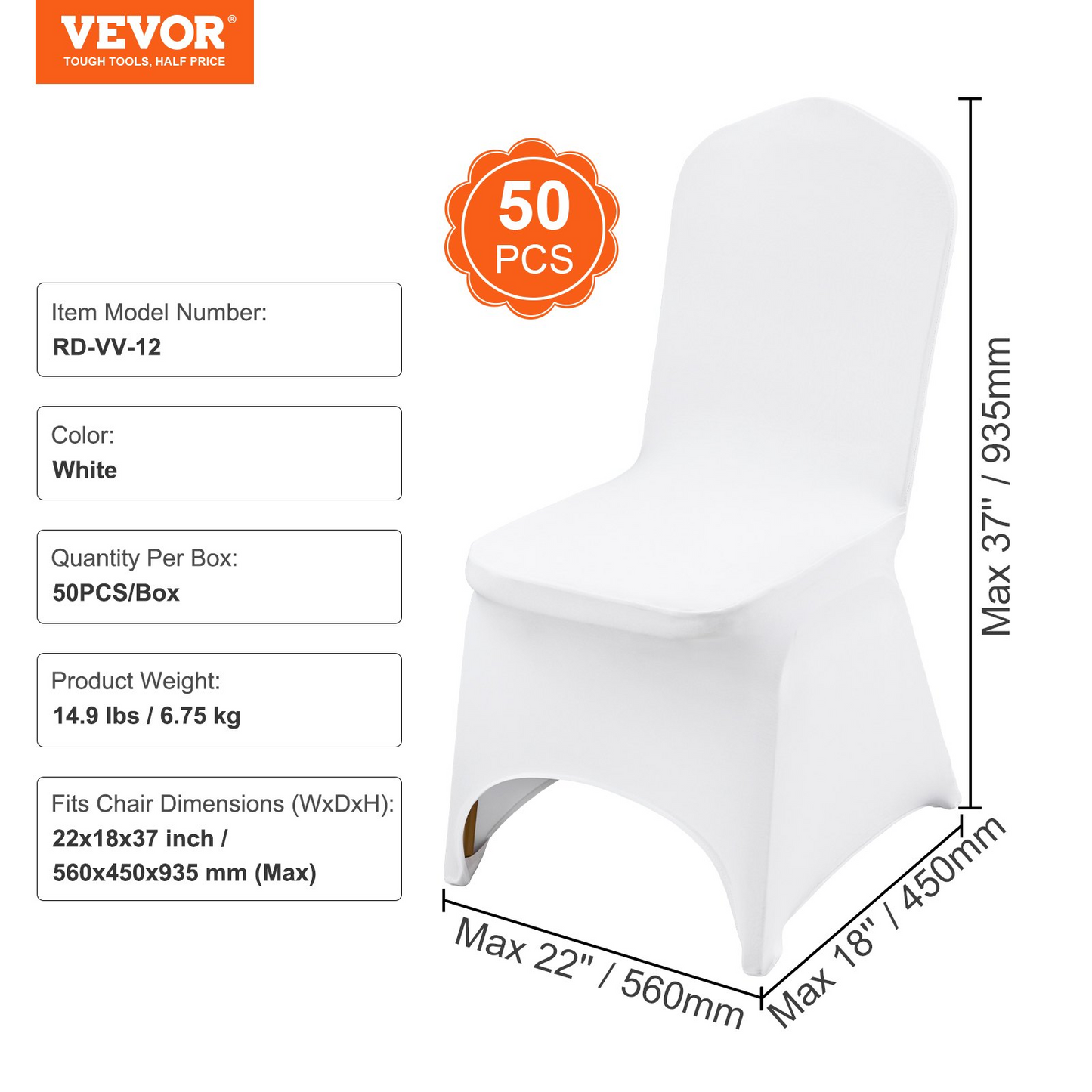 VEVOR Stretch Spandex Folding Chair Covers, Universal Fitted Arched Front Cover, Removable Washable Protective Slipcovers, for Wedding, Holiday, Banquet, Party, Celebration, Dining (50PCS White)