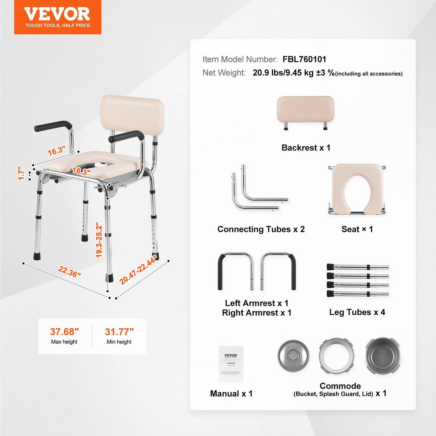 VEVOR Adjustable Bedside Commode Chair with Padded Seat & Drop-Down Arms