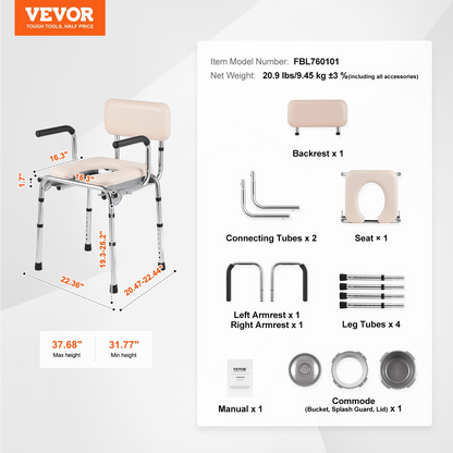 VEVOR Adjustable Bedside Commode Chair with Padded Seat & Drop-Down Arms