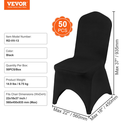 VEVOR Stretch Spandex Folding Chair Covers, Universal Fitted Arched Front Cover, Removable Washable Protective Slipcovers, for Wedding, Holiday, Banquet, Party, Celebration, Dining (50PCS Black)