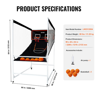 VEVOR Arcade Cage Basketball Game, 2 Player Indoor Basketball Game, Home Dual Shot Sport with 5 Balls, 8 Game Modes, Electronic Scoreboard, and Inflation Pump, for Kids, Adults (Black & White)