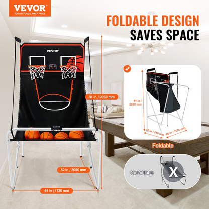 VEVOR Foldable Basketball Arcade Game, 2 Player Indoor Basketball Game, Home Dual Shot Sport with 4 Balls, 8 Game Modes, Electronic Scoreboard, and Inflation Pump, for Kids, Adults (Black & White)