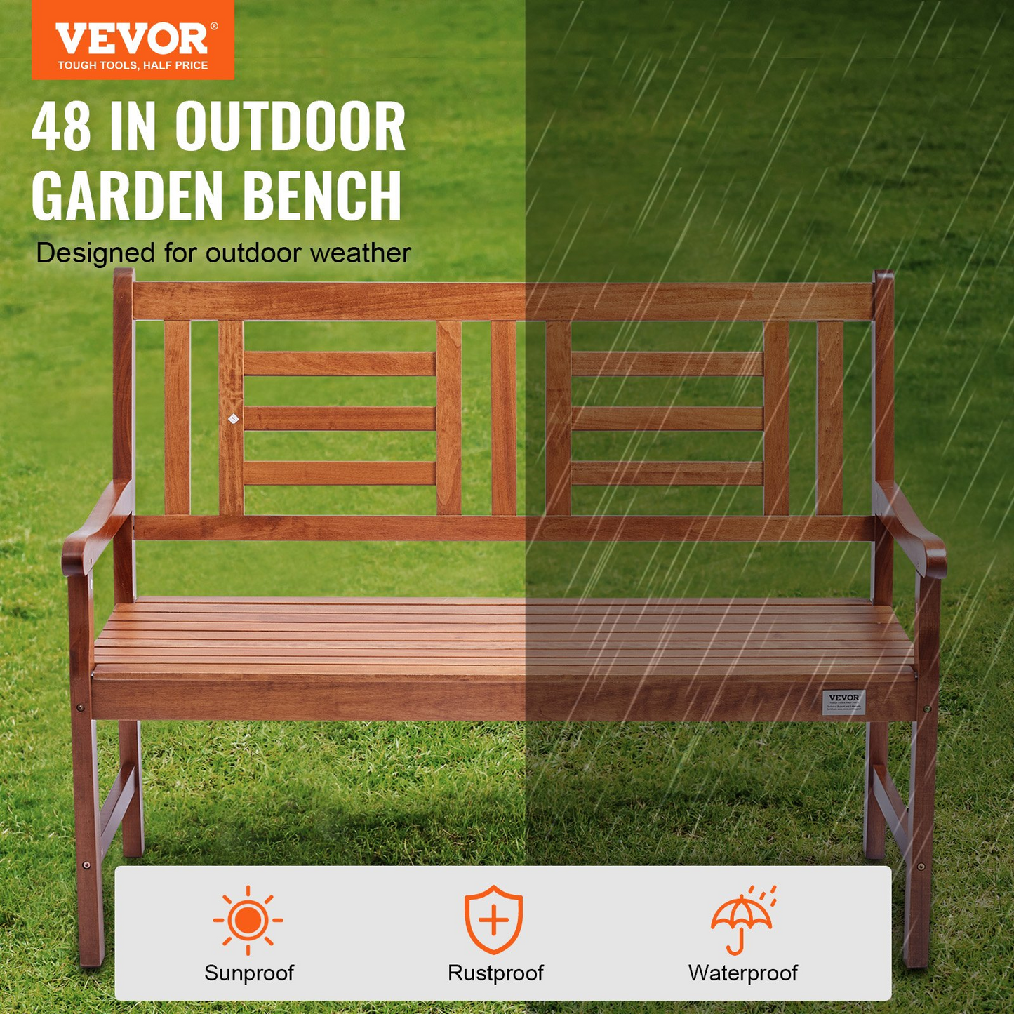 VEVOR Outdoor Bench, 48 inches Wood Garden Bench for Outdoors, 700 lbs Load Capacity Bench, Outdoor Garden Park Bench with Backrest and Armrests, Patio Bench for Garden, Park, Yard, Front Porch