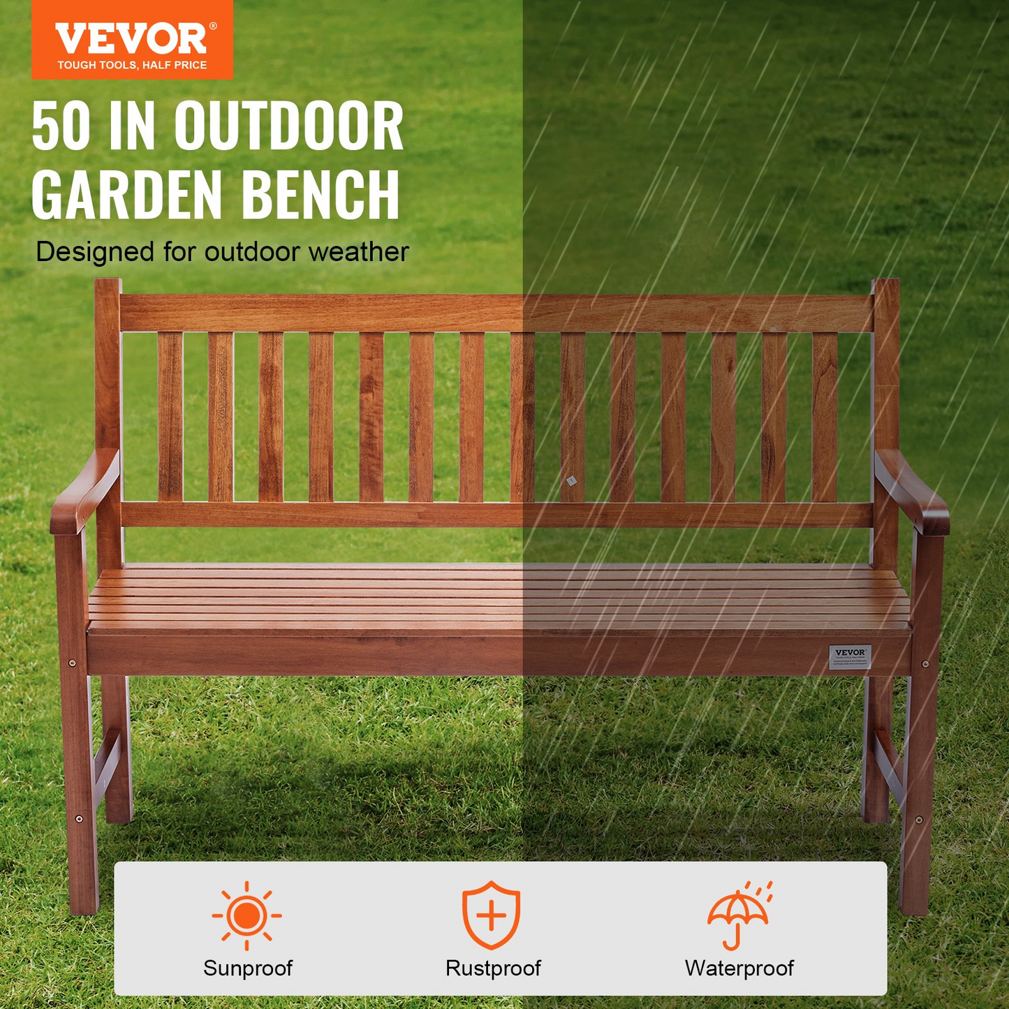 VEVOR Outdoor Bench, 50 inches Wood Garden Bench for Outdoors, Outdoor Garden Park Bench with Backrest and Armrests, 800 lbs Load Capacity Bench, Patio Bench for Garden, Park, Yard, Front Porch