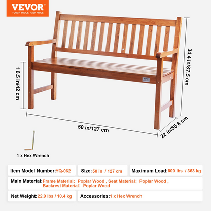 VEVOR Outdoor Bench, 50 inches Wood Garden Bench for Outdoors, Outdoor Garden Park Bench with Backrest and Armrests, 800 lbs Load Capacity Bench, Patio Bench for Garden, Park, Yard, Front Porch