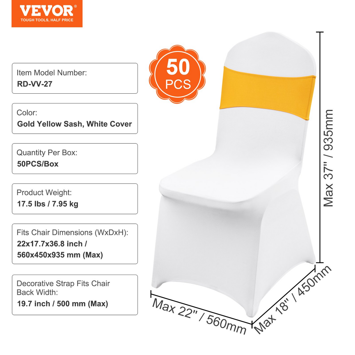 VEVOR Stretch Spandex Folding Chair Covers, Universal Fitted Chair Cover with Chair Sashes, Removable Washable Protective Slipcovers, for Wedding, Holiday, Banquet, Party, Dining (50 Set Gold & White)