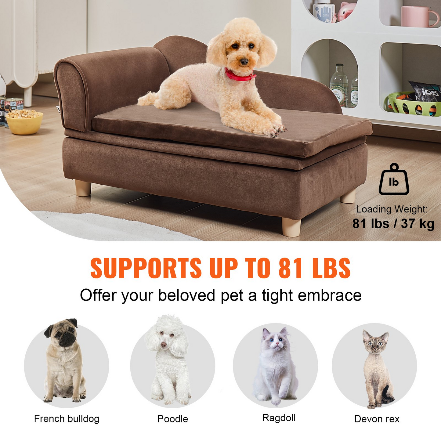 VEVOR Pet Sofa, Dog Couch for Medium-Sized Dogs and Cats, Soft Velvety Dog Sofa Bed, 81 lbs Loading Cat Sofa, Dark Brown