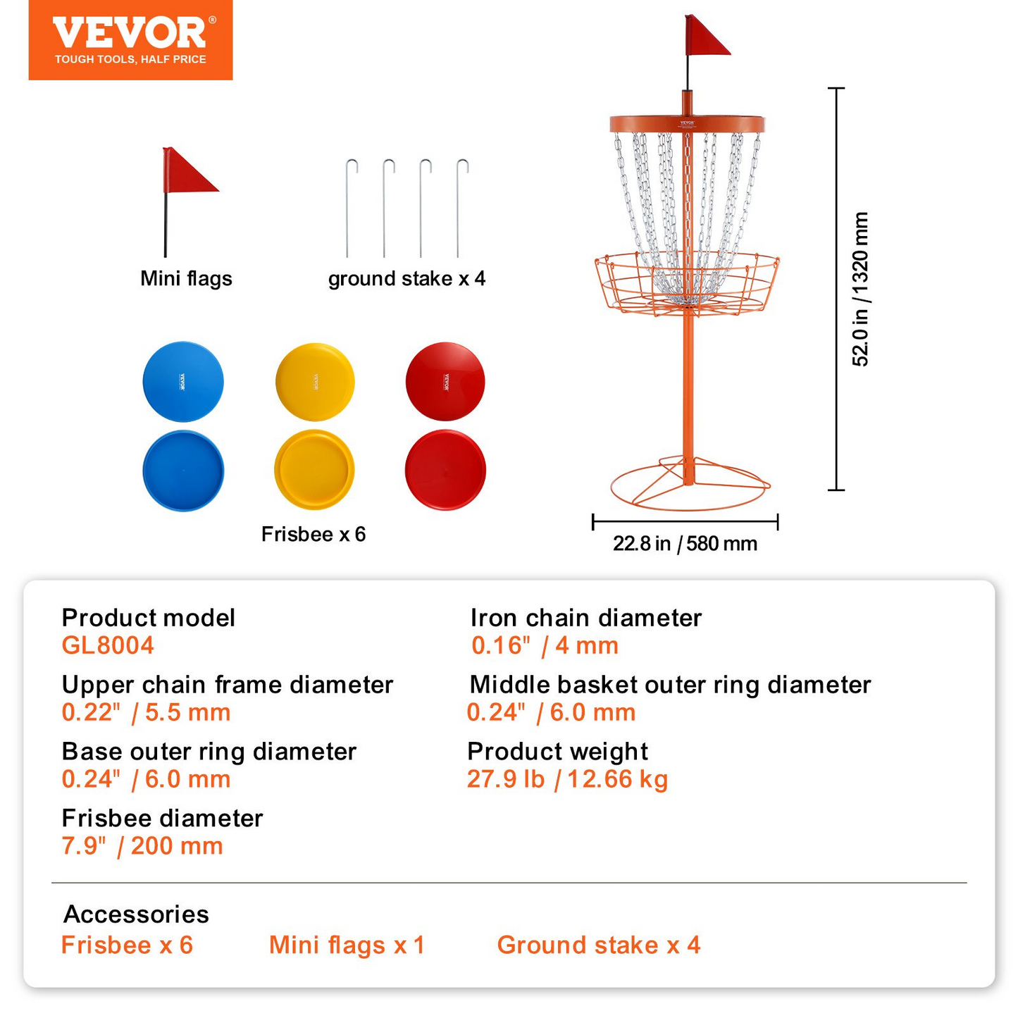 VEVOR Disc Golf Basket, 24-Chains Portable Disc Golf Target Hole, Heavy Duty Steel Practice Disc Golf Basket Stand Equipment, Indoor & Outdoor Pro Golf Basket Set with 6 Discs, Orange