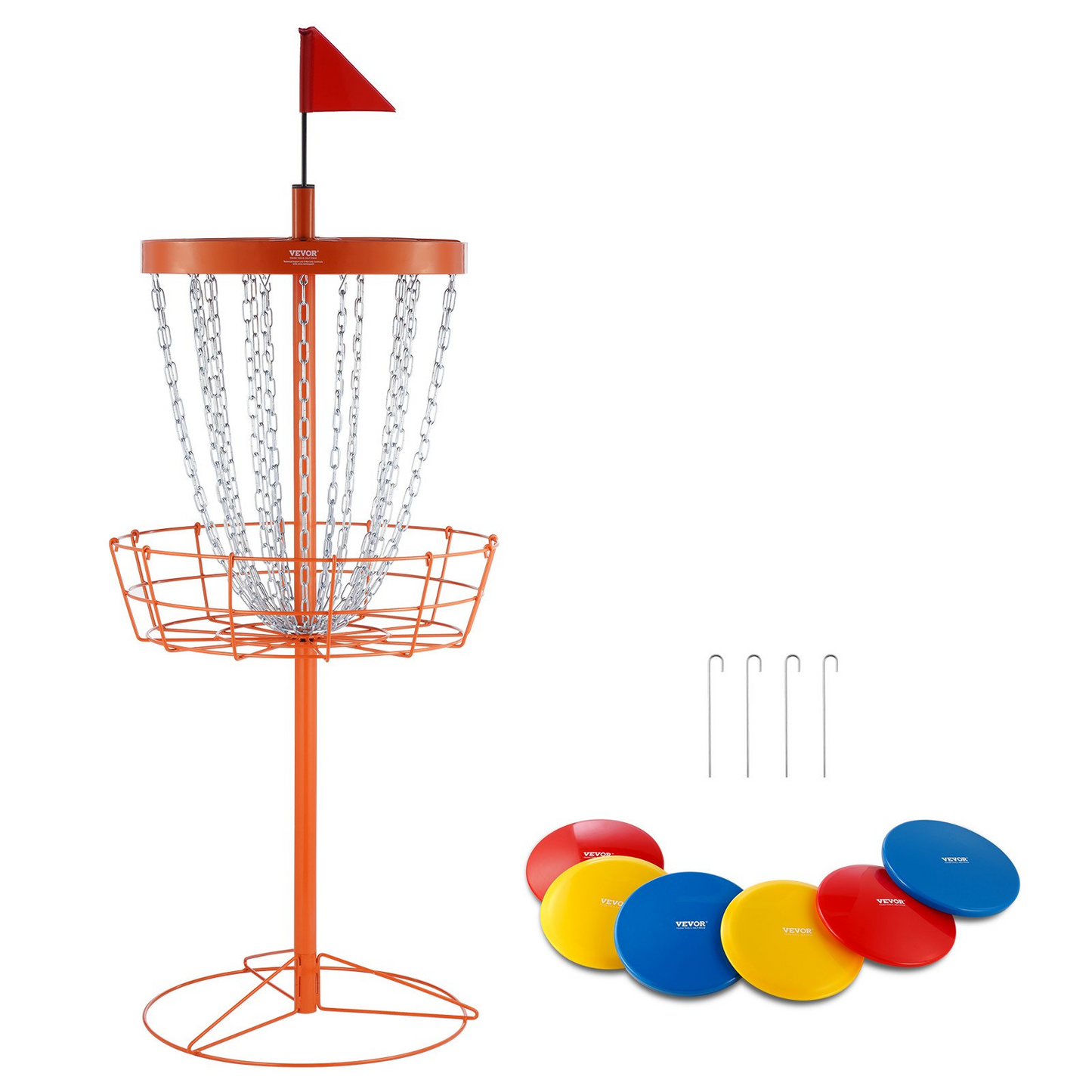 VEVOR Disc Golf Basket, 24-Chains Portable Disc Golf Target Hole, Heavy Duty Steel Practice Disc Golf Basket Stand Equipment, Indoor & Outdoor Pro Golf Basket Set with 6 Discs, Orange