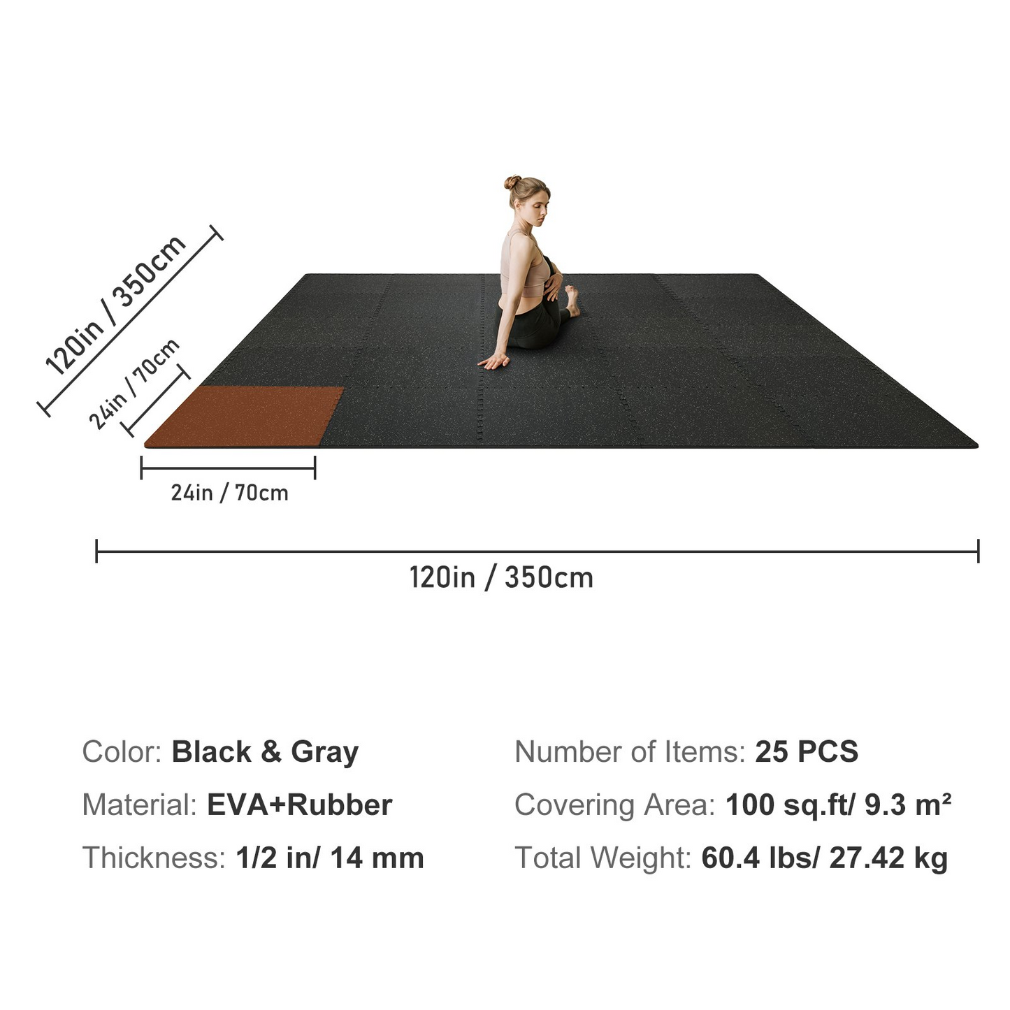 VEVOR 25PCS 1/2" Gym Floor Mats, 100 sq.ft EVA Rubber Tiles