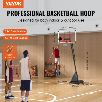 VEVOR Basketball Hoop, 7.6-10 ft Adjustable Height Portable Backboard System, 50 inch Basketball Hoop & Goal, Kids & Adults Basketball Set with Wheels, Stand, and Fillable Base, for Outdoor/Indoor