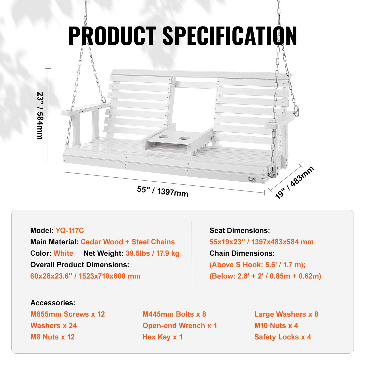 VEVOR 5 ft Heavy Duty Wooden Porch Swing - 880 lbs Capacity, White Patio Bench