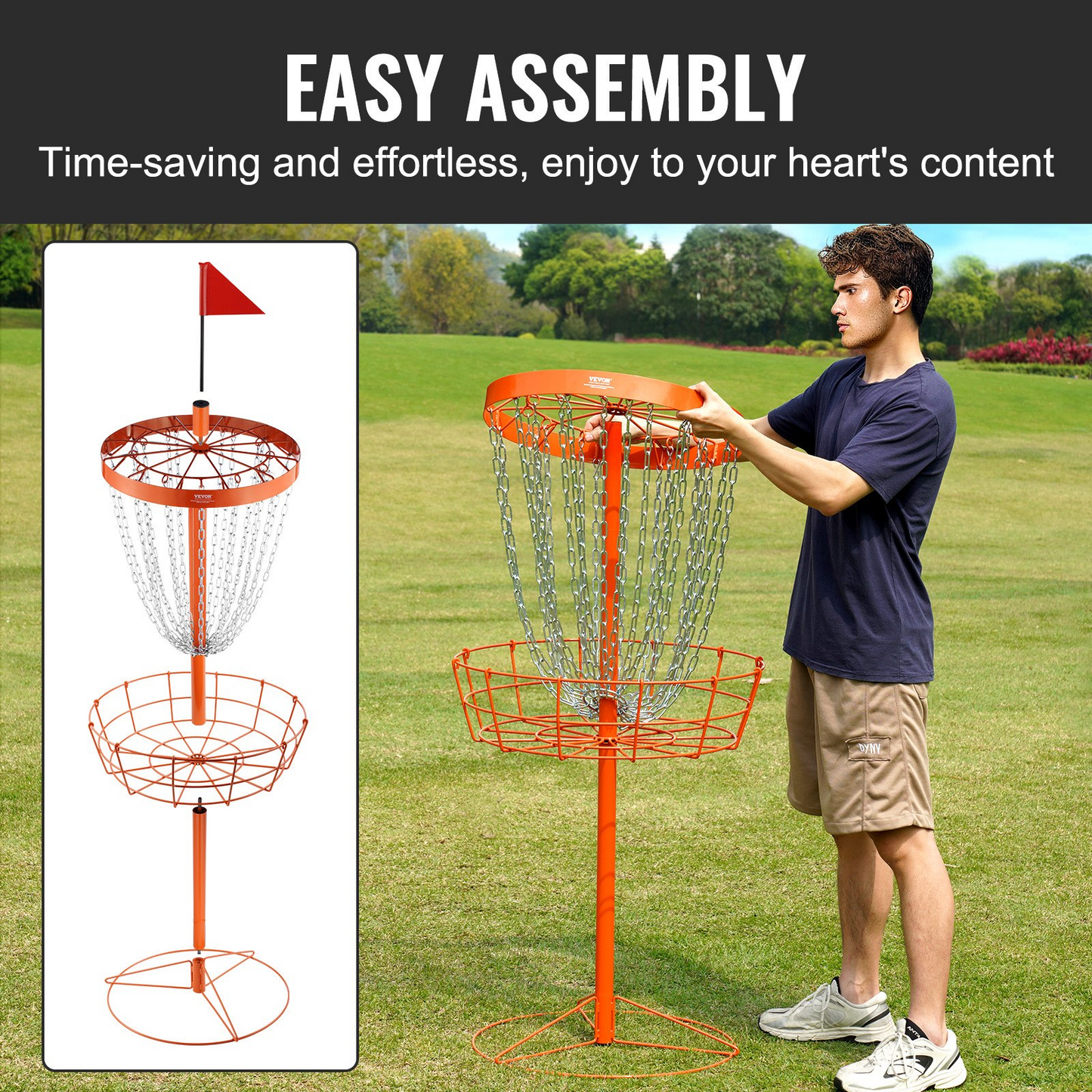 VEVOR Disc Golf Basket, 24-Chains Portable Disc Golf Target Hole, Heavy Duty Steel Practice Disc Golf Basket Stand Equipment, Indoor & Outdoor Pro Golf Basket Set with 6 Discs, Orange