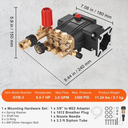 VEVOR Pressure Washer Pump, 3/4" Shaft Horizontal Triplex Plunger, 3700 PSI, 2.5 GPM, Replacement Power Washer Pumps Kit, Parts Washer Pump, Compatible with Simpson MorFlex Models 40224, 40225, 40226