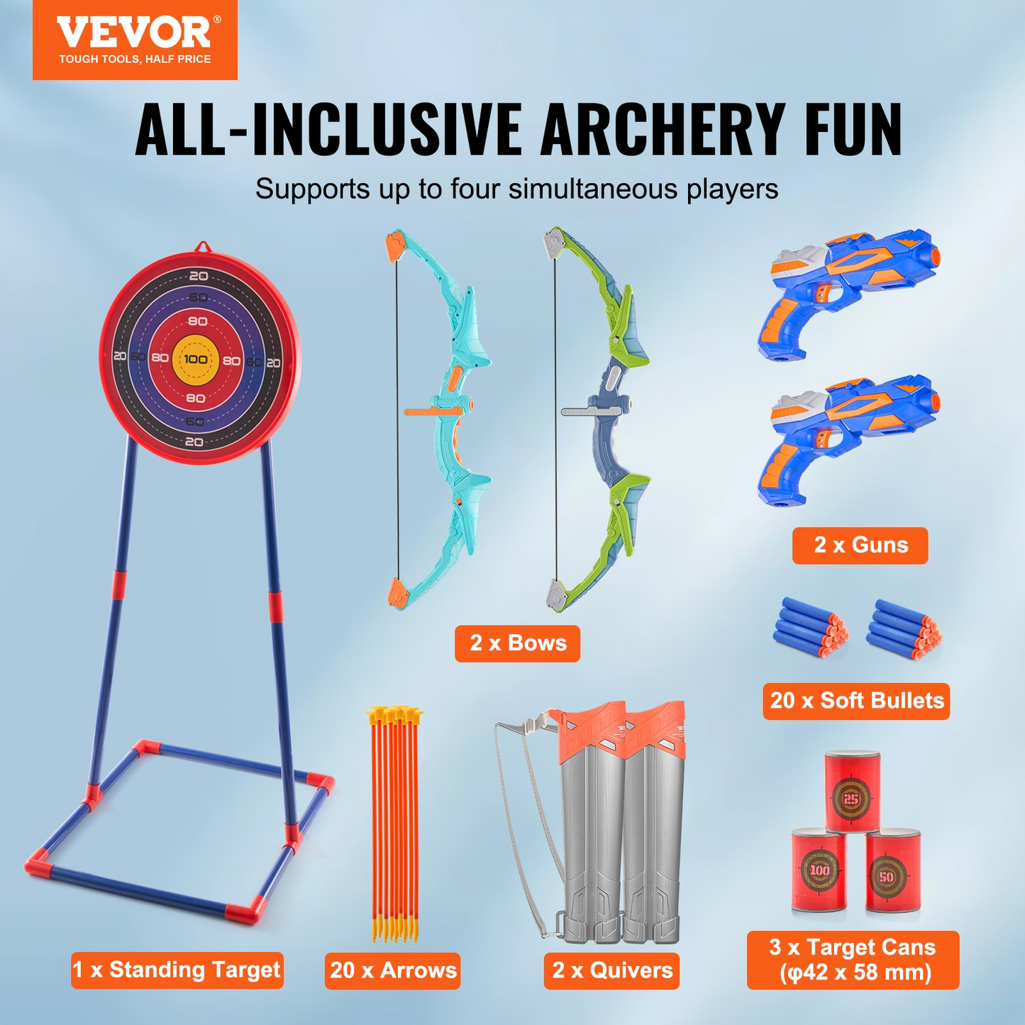 VEVOR Bow and Arrow Set for Kids, 2 Pack LED Light Up Archery Set with 20 Suction Cup Arrows, Standing Target, 2 Quivers, 2 Guns, 20 Soft Bullets, 3 Target Cans, Outdoor Toy for Boy & Girl 6+ Year Old