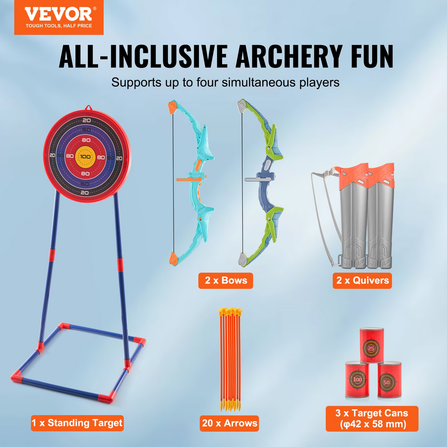 VEVOR Bow and Arrow Set for Kids, 2 Pack LED Light Up Archery Set with 20 Suction Cup Arrows, Standing Target, 2 Quivers, 3 Target Cans, Outdoor Toy Birthday Gift for Boys & Girls 6 7 8 9 10+ Year Old