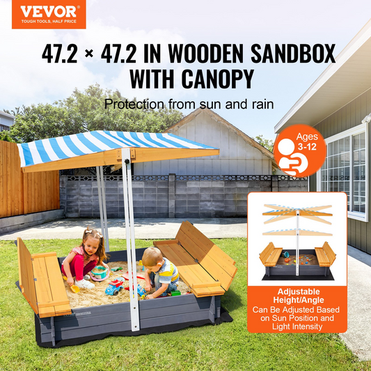 VEVOR Wooden Sandbox with Canopy and Foldable Bench Seats, 57.3"x47.2"