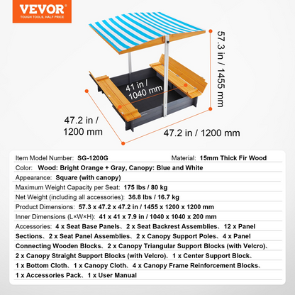 VEVOR Wooden Sandbox with Canopy, 57.3 x 47.2 x 47.2 in Sand Box, Sand Pit with Foldable Bench Seats and Bottom Liner, Natural Wood Kids Sandbox for Outdoor Backyard, Beach, Park, Gift for Ages 3-12