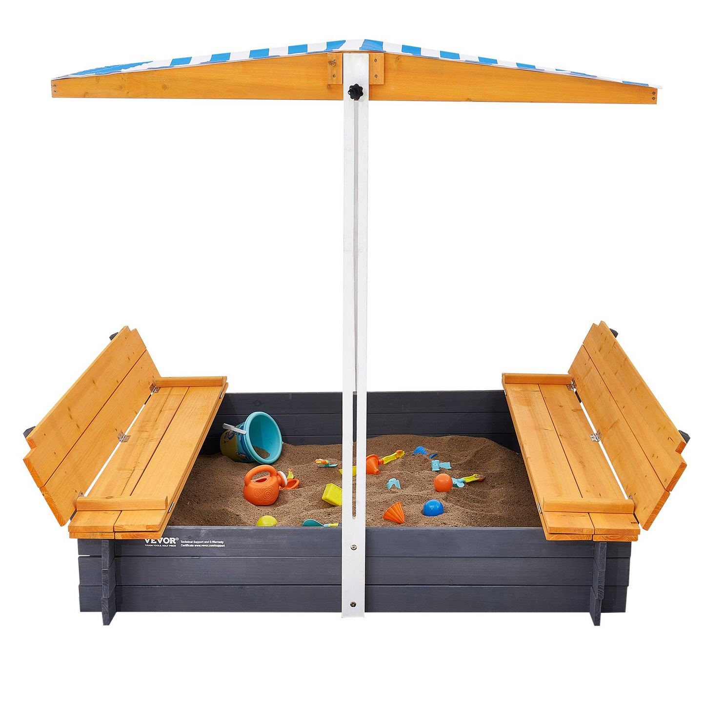 VEVOR Wooden Sandbox with Canopy, 57.3 x 47.2 x 47.2 in Sand Box, Sand Pit with Foldable Bench Seats and Bottom Liner, Natural Wood Kids Sandbox for Outdoor Backyard, Beach, Park, Gift for Ages 3-12