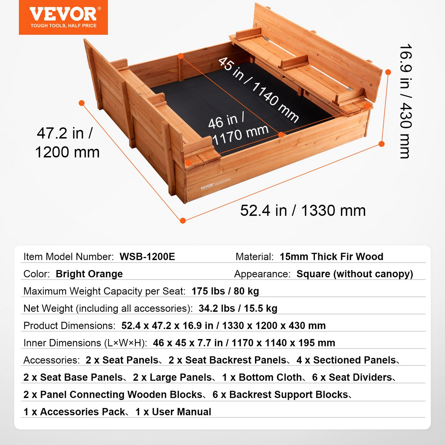 VEVOR Wooden Sandbox, 52.4 x 47.2 x 16.9 in Sand Box, Sand Pit with Foldable Bench Seats and Bottom Liner, Natural Wood Kids Sandbox for Outdoor Backyard, Beach, Park, Gift for Boys Girls Ages 3-12