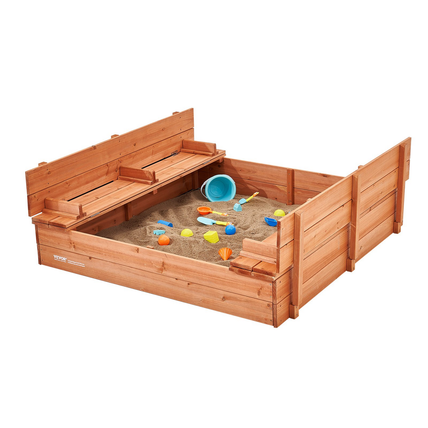 VEVOR Wooden Sandbox, 52.4 x 47.2 x 16.9 in Sand Box, Sand Pit with Foldable Bench Seats and Bottom Liner, Natural Wood Kids Sandbox for Outdoor Backyard, Beach, Park, Gift for Boys Girls Ages 3-12