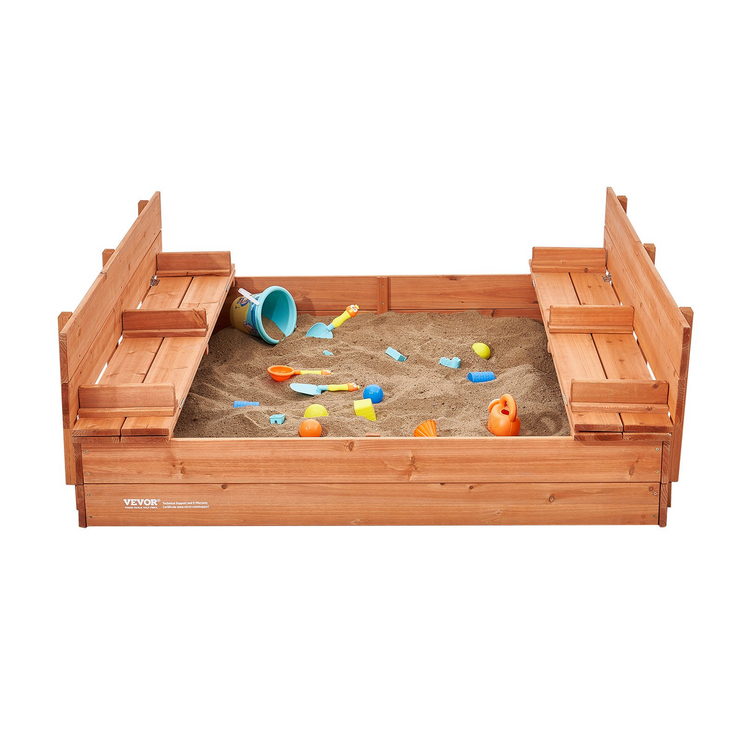 VEVOR Wooden Sandbox, 52.4 x 47.2 x 16.9 in Sand Box, Sand Pit with Foldable Bench Seats and Bottom Liner, Natural Wood Kids Sandbox for Outdoor Backyard, Beach, Park, Gift for Boys Girls Ages 3-12