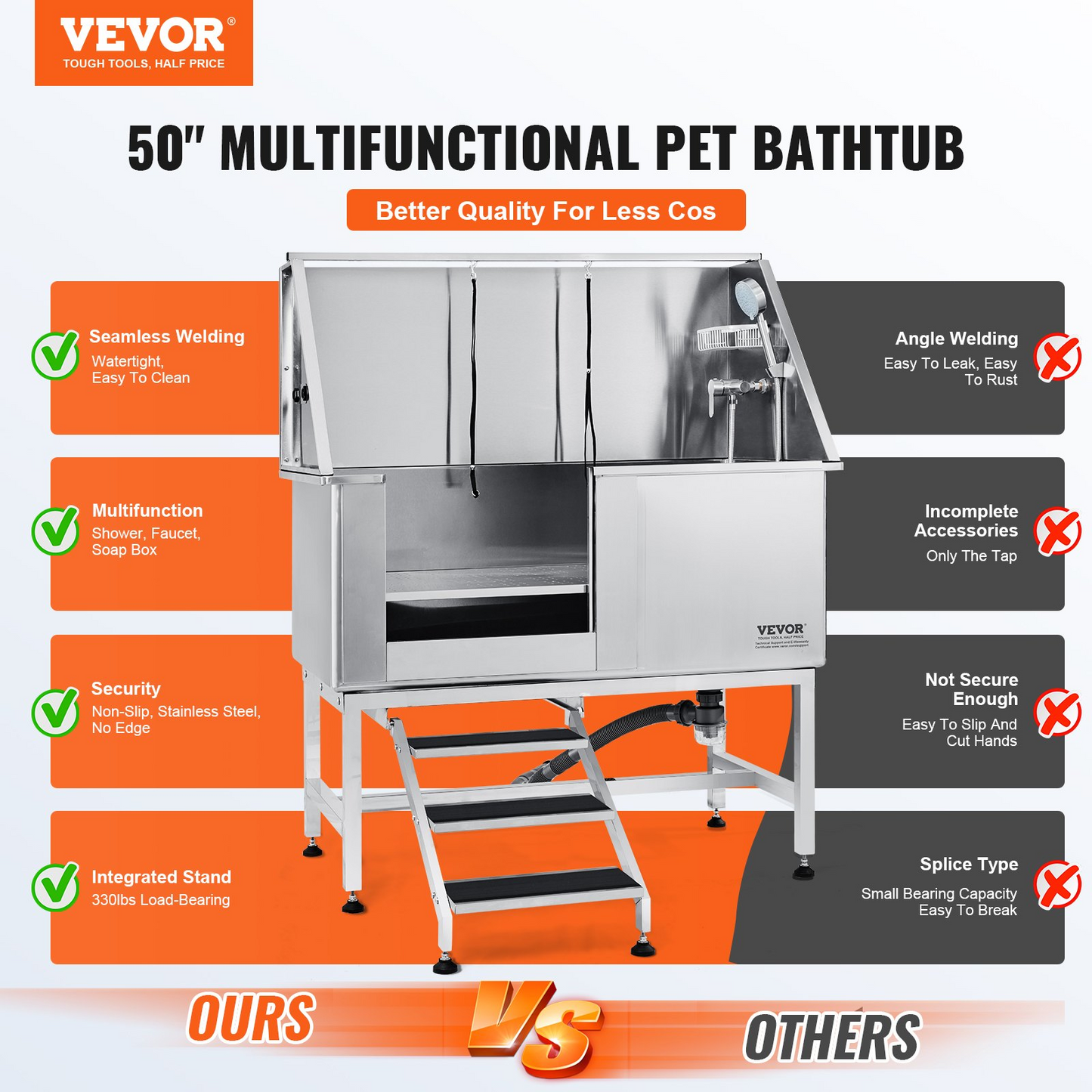 VEVOR 50" Pet Dog Bathing Station w/Stairs, Professional Stainless Steel Dog Grooming Tub w/ Soap Box, Faucet,Rich Accessory, Dog Bathtub for Large,Medium,Small Pets, Washing Sink for Home Left