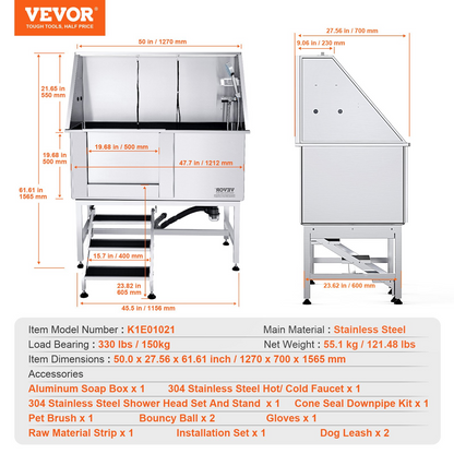 VEVOR 50" Pet Dog Bathing Station w/Stairs, Professional Stainless Steel Dog Grooming Tub w/ Soap Box, Faucet,Rich Accessory, Dog Bathtub for Large,Medium,Small Pets, Washing Sink for Home Left