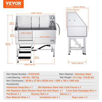 VEVOR 62" Professional Dog Grooming Tub with Stairs, Left-Handed