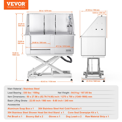 VEVOR 50" Pet Dog Bathing Station Electric Height Adjustment, Professional Stainless Steel Dog Grooming Tub w/ Soap Box, Faucet,Rich Accessory,Bathtub for Multiple Pets, Washing Sink for Home(Left)