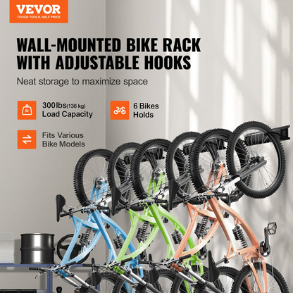 VEVOR Bike Storage Rack, 6 Bike Racks and 3 Helmets Hooks, Wall Mount Bike Storage Hanger, Home & Garage Organizer, Customizable for Various Bike Sizes, Adjustable Holder, Holds Up to 300 lbs, 48-inch