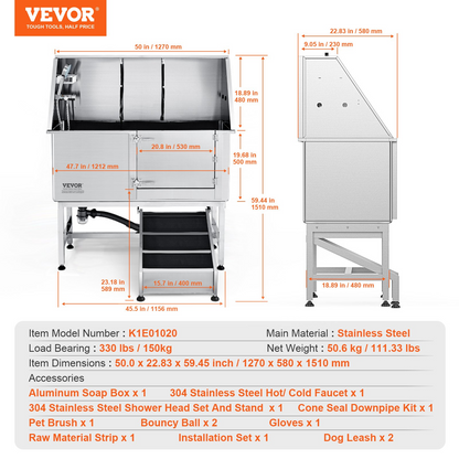 VEVOR 50" Pet Dog Bathing Station w/Ramp, Professional Stainless Steel Dog Grooming Tub w/ Soap Box, Faucet,Rich Accessory, Dog Bathtub for Large,Medium,Small Pets, Washing Sink for Home Right