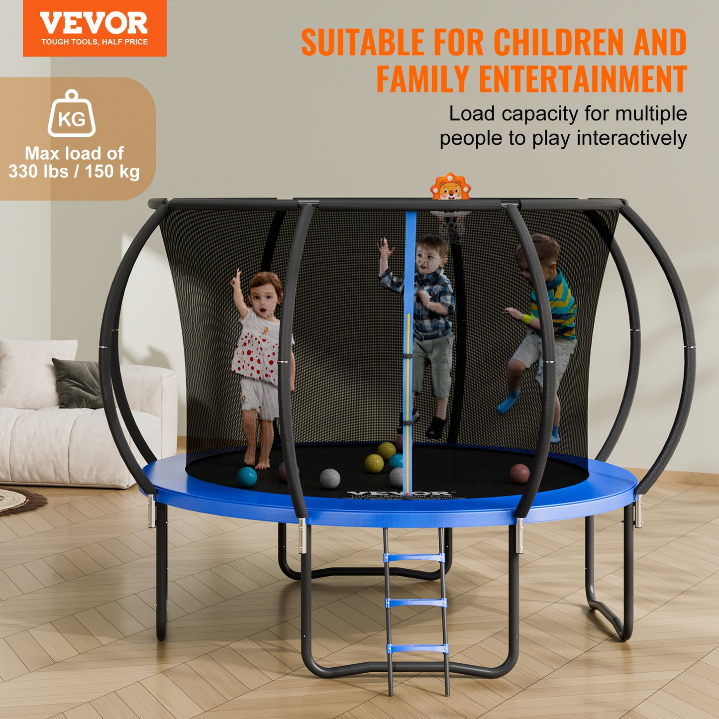 VEVOR 10FT Trampoline, 330 lbs Trampoline with Enclosure Net, Ladder, and Curved Pole, Heavy Duty Trampoline with Jumping Mat and Spring Cover Padding, Outdoor Recreational Trampolines for Kids Adults