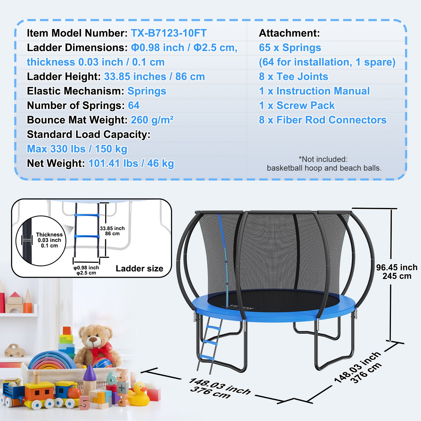 VEVOR 10FT Trampoline, 330 lbs Trampoline with Enclosure Net, Ladder, and Curved Pole, Heavy Duty Trampoline with Jumping Mat and Spring Cover Padding, Outdoor Recreational Trampolines for Kids Adults