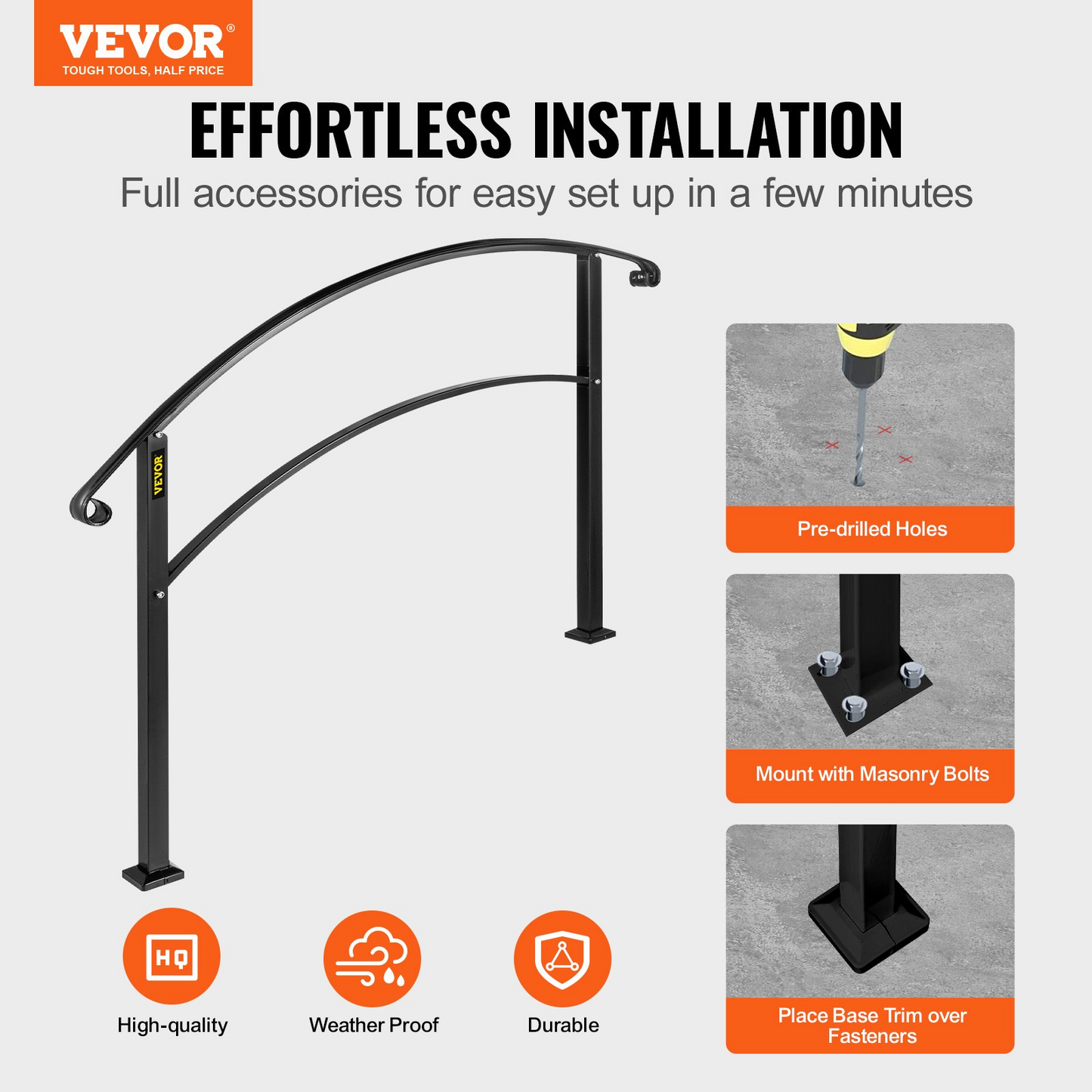 VEVOR Matte Black Wrought Iron Handrail - Adjustable for 1-4 Steps