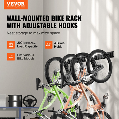 VEVOR Bike Storage Rack, 4 Bike Racks and 2 Helmets Hooks, Wall Mount Bike Storage Hanger, Home & Garage Organizer, Customizable for Various Bike Sizes, Adjustable Holder, Holds Up to 200 lbs, 36-inch