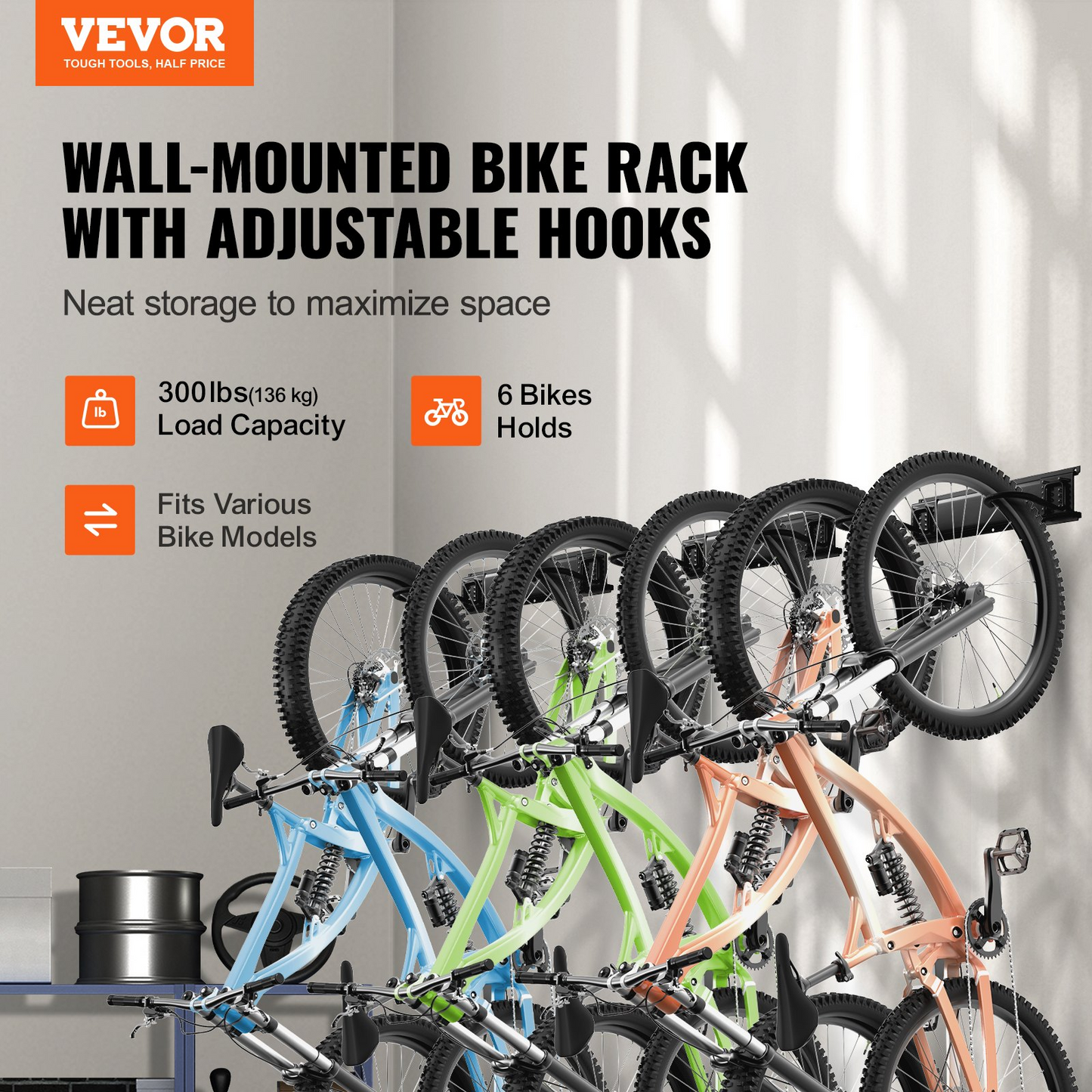 VEVOR Bike Storage Rack, 6 Bike Racks and 6 Helmets Hooks, Wall Mount Bike Storage Hanger, Home & Garage Organizer, Customizable for Various Bike Sizes, Adjustable Holder, Holds Up to 300 lbs, 68-inch