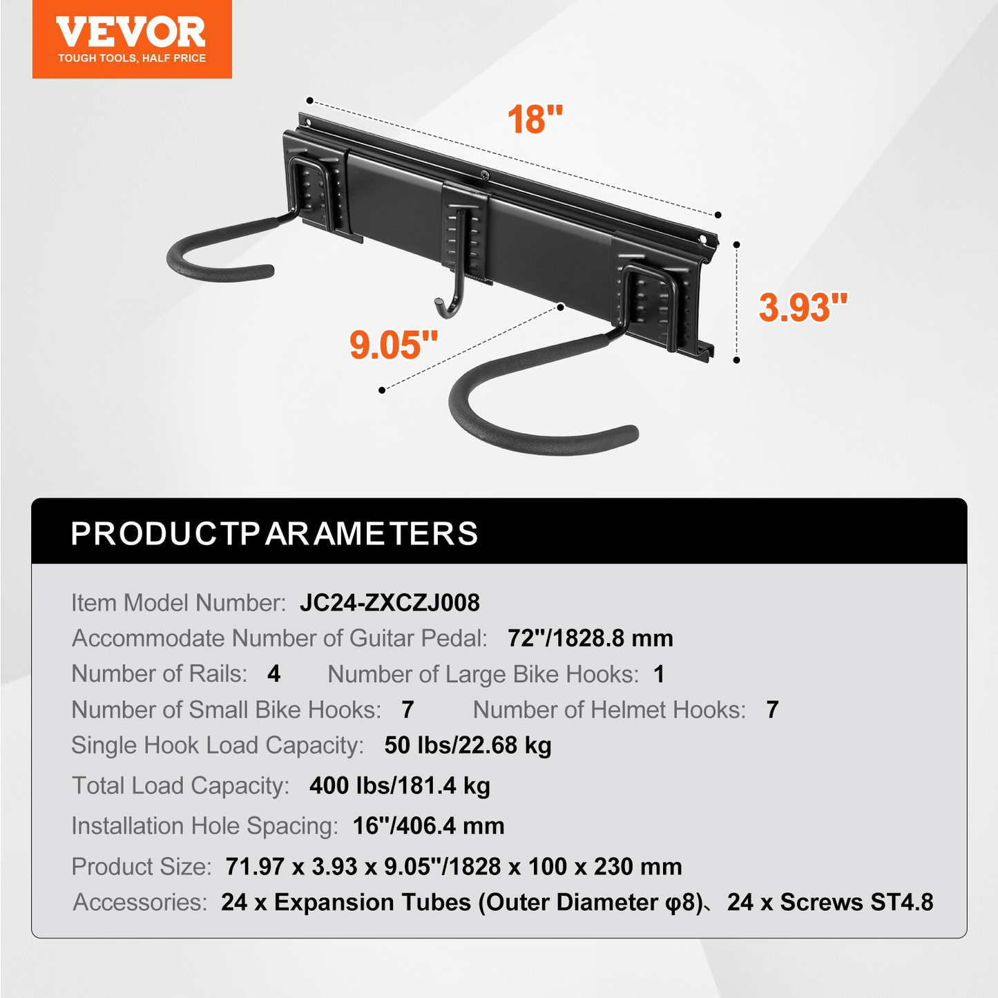 VEVOR Bike Storage Rack, 8 Bike Racks and 7 Helmets Hooks, Wall Mount Bike Storage Hanger, Home & Garage Organizer, Customizable for Various Bike Sizes, Adjustable Holder, Holds Up to 400 lbs, 72-inch