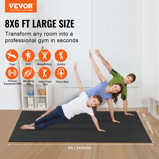 VEVOR Exercise Mat, Non Slip High Density Premium Yoga Mat, Exercise Yoga Mat for Men & Women, Fitness & Exercise Mat with Bag & Carry Strap, for All Types of Home Yoga, Pilate & Floor Workout (8x6ft)