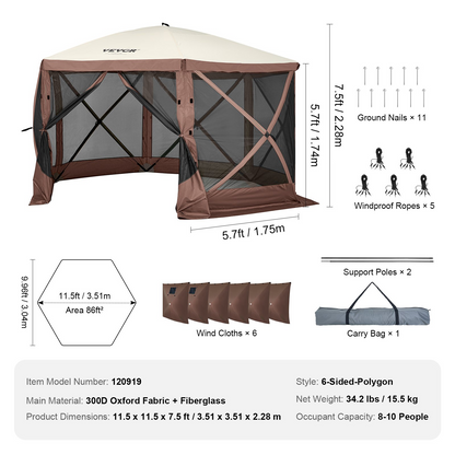 VEVOR Pop Up Gazebo Tent, Pop-Up Screen Tent 6 Sided Canopy Sun Shelter with 6 Removable Privacy Wind Cloths & Mesh Windows, 11.5x11.5FT Quick Set Screen Tent with Mosquito Netting, Brown