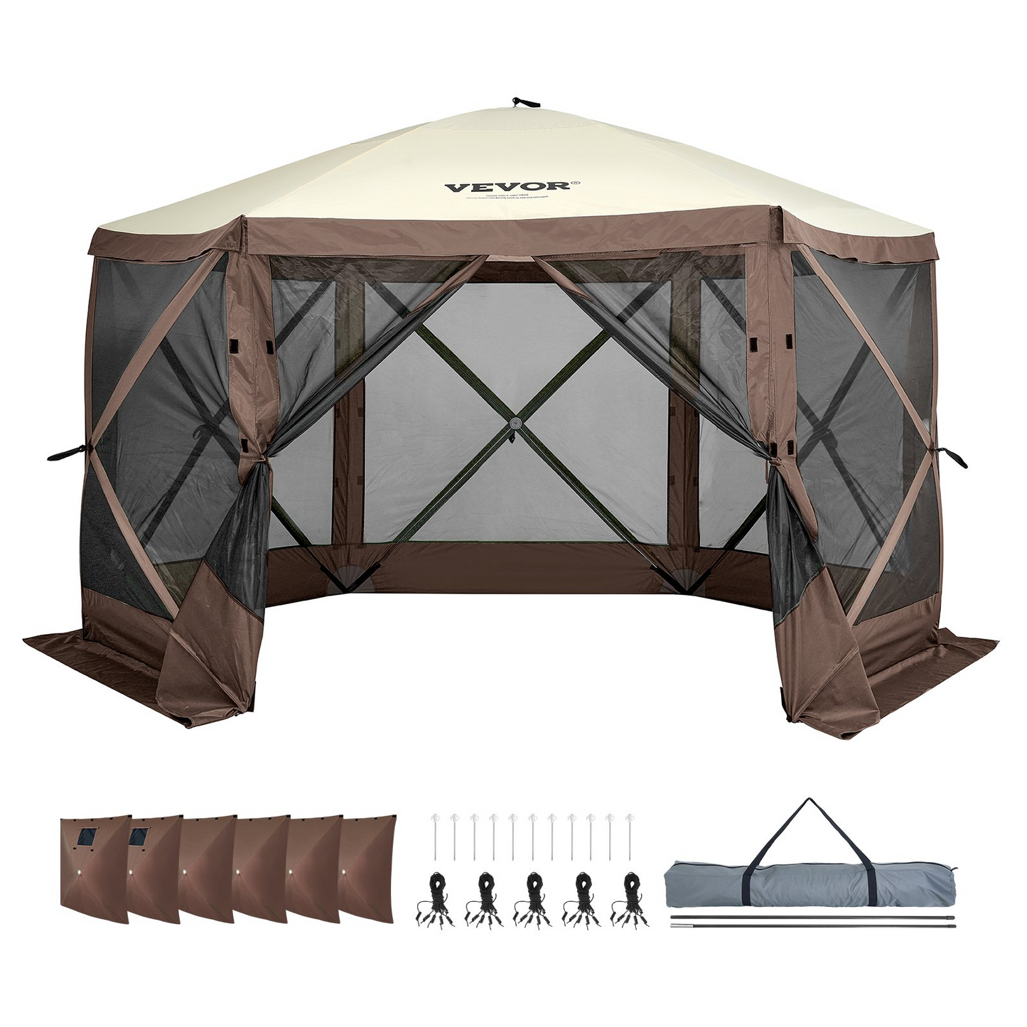 VEVOR Pop Up Gazebo Tent, Pop-Up Screen Tent 6 Sided Canopy Sun Shelter with 6 Removable Privacy Wind Cloths & Mesh Windows, 11.5x11.5FT Quick Set Screen Tent with Mosquito Netting, Brown