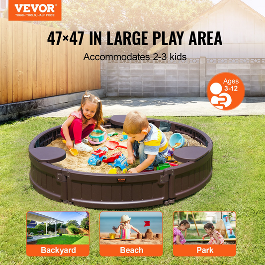 VEVOR Sandbox with Cover, 47.2 x 9.1 in Round Sand Box, HDPE Sand Pit with 3 Corner Seating and Bottom Liner, Kids Sandbox for Outdoor Backyard, Beach, Park, Gift for Boys Girls Ages 3-12, Brown