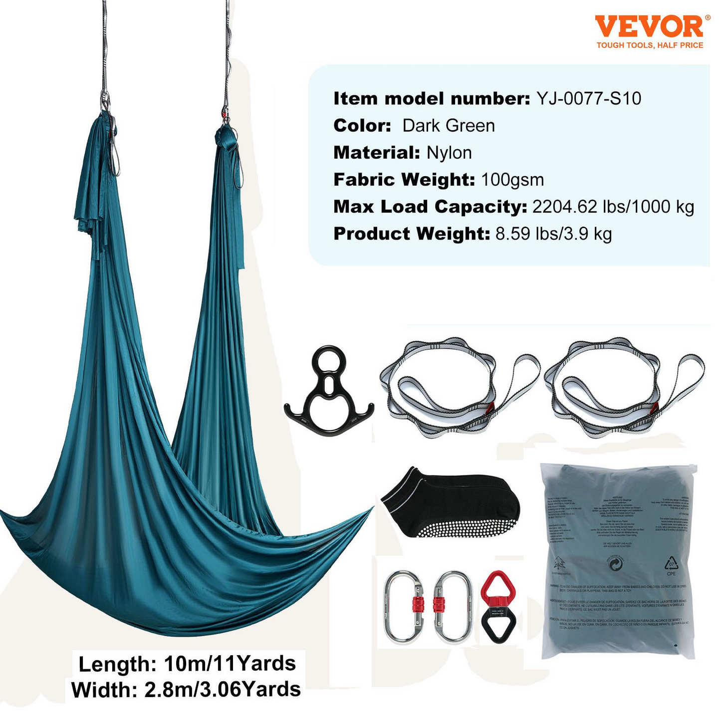 VEVOR Aerial Silk & Yoga Swing, 11 Yards, Aerial Yoga Hammock Kit with 100gsm Nylon Fabric, Full Rigging Hardware & Easy Set-up Guide, Antigravity Flying for All Levels Fitness Bodybuilding, Green