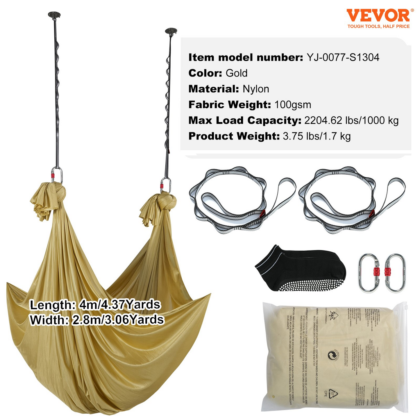 VEVOR Aerial Yoga Hammock & Swing, 4.4 Yards, Aerial Yoga Starter Kit with 100gsm Nylon Fabric, Full Rigging Hardware & Easy Set-up Guide, Antigravity Flying for All Levels Fitness Bodybuilding, Gold