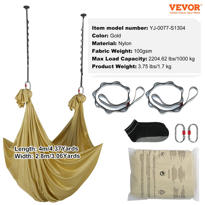 VEVOR Aerial Yoga Hammock & Swing, 4.4 Yards, Aerial Yoga Starter Kit with 100gsm Nylon Fabric, Full Rigging Hardware & Easy Set-up Guide, Antigravity Flying for All Levels Fitness Bodybuilding, Gold