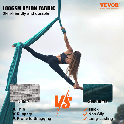 VEVOR Aerial Silk & Yoga Swing, 8.7 Yards, Aerial Yoga Hammock Kit with 100gsm Nylon Fabric, Full Rigging Hardware & Easy Set-up Guide, Antigravity Flying for All Levels Fitness Bodybuilding, Green