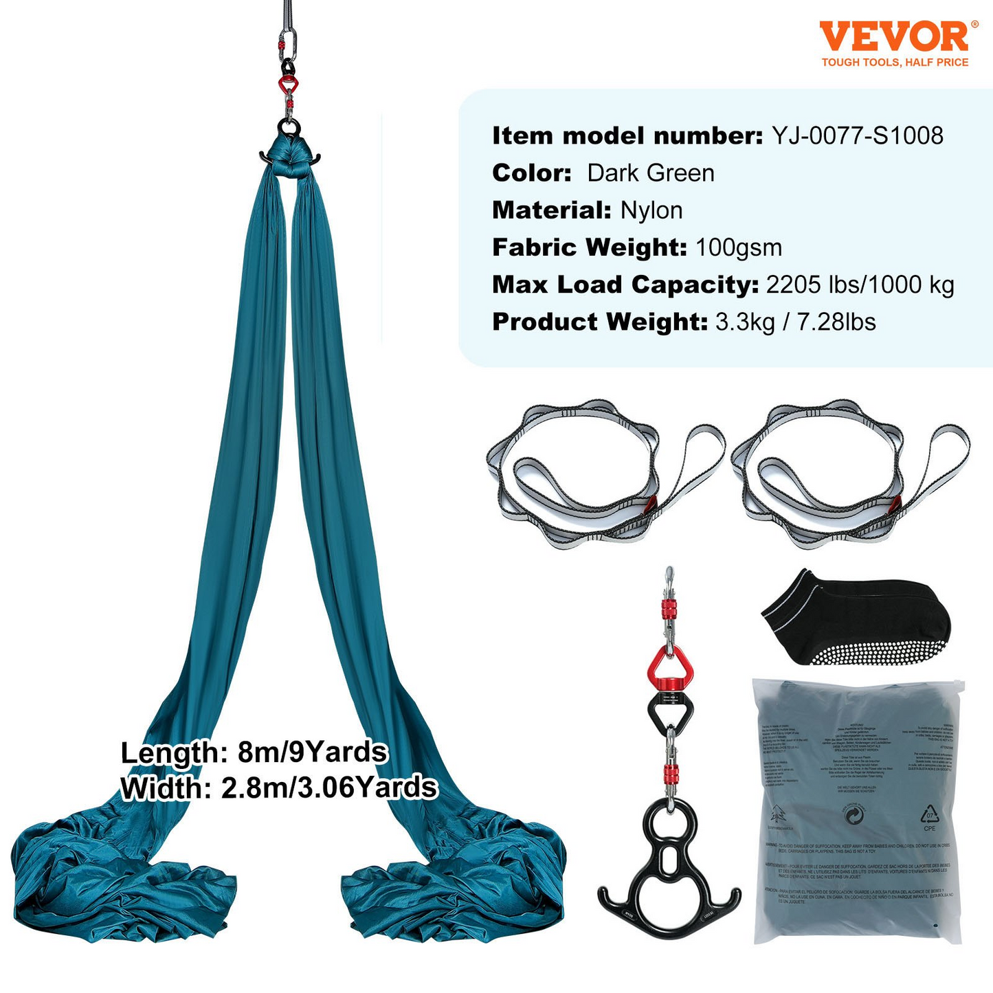 VEVOR Aerial Silk & Yoga Swing, 8.7 Yards, Aerial Yoga Hammock Kit with 100gsm Nylon Fabric, Full Rigging Hardware & Easy Set-up Guide, Antigravity Flying for All Levels Fitness Bodybuilding, Green